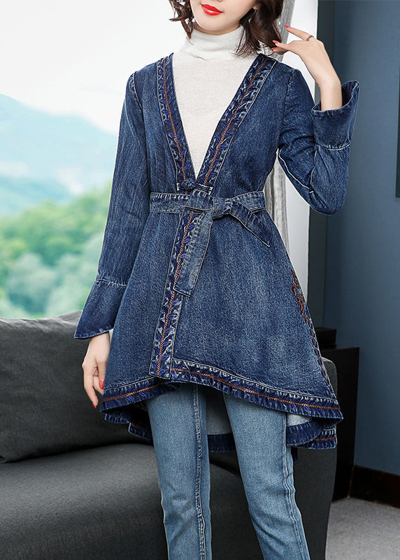 Drune | Blaues V-Ausschnitt Besticktes Tailliertes Baumwoll-Denim-Trenchcoat Mit Langen Ärmeln