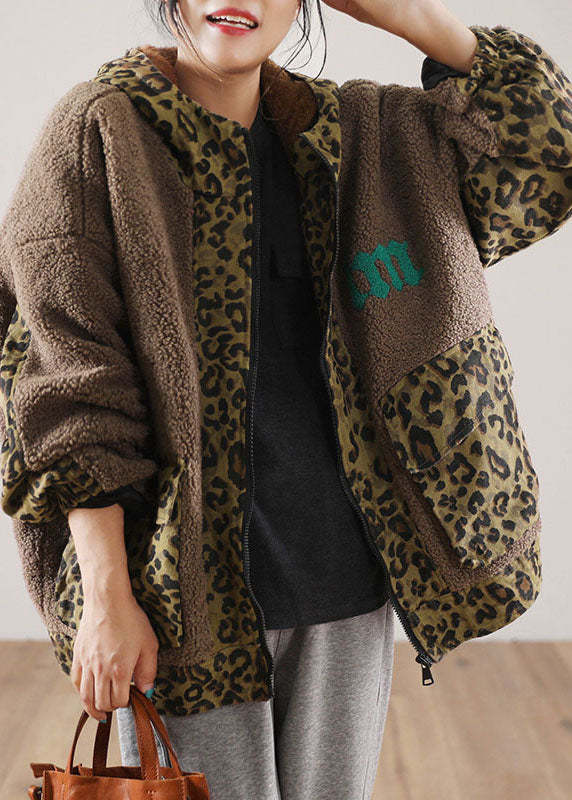 Drune | Braune Kapuzen-Patchwork-Leopard-Faux-Fur-Jacken Winter