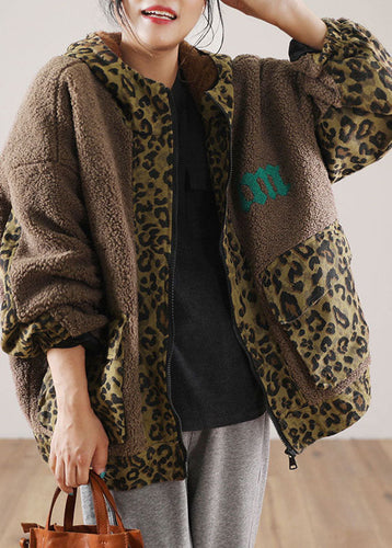 Drune | Braune Kapuzen-Patchwork-Leopard-Faux-Fur-Jacken Winter
