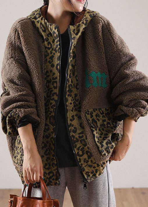 Drune | Braune Kapuzen-Patchwork-Leopard-Faux-Fur-Jacken Winter