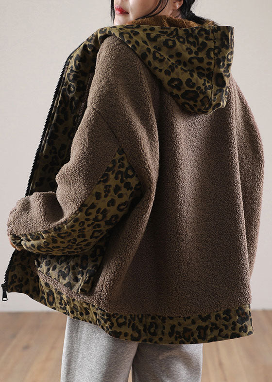 Drune | Braune Kapuzen-Patchwork-Leopard-Faux-Fur-Jacken Winter