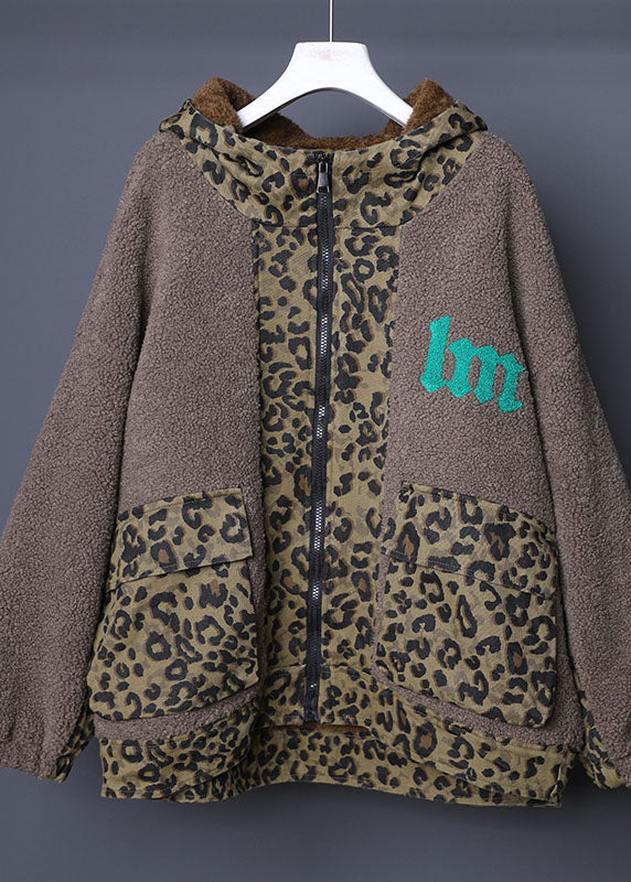 Drune | Braune Kapuzen-Patchwork-Leopard-Faux-Fur-Jacken Winter