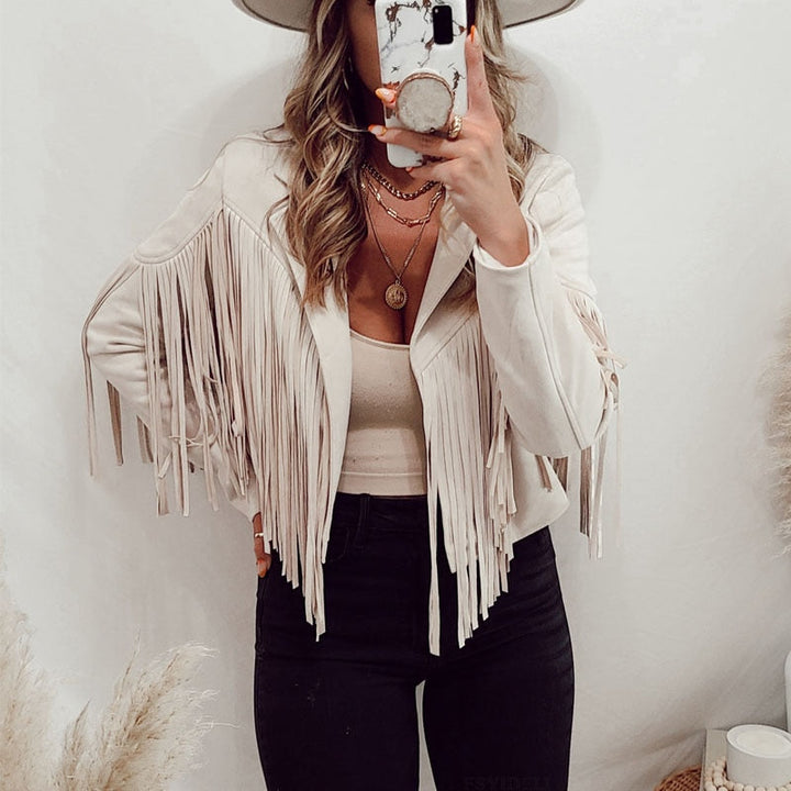 Drune | Slim Fit Boho Suedette Jacke mit Quasten für Damen