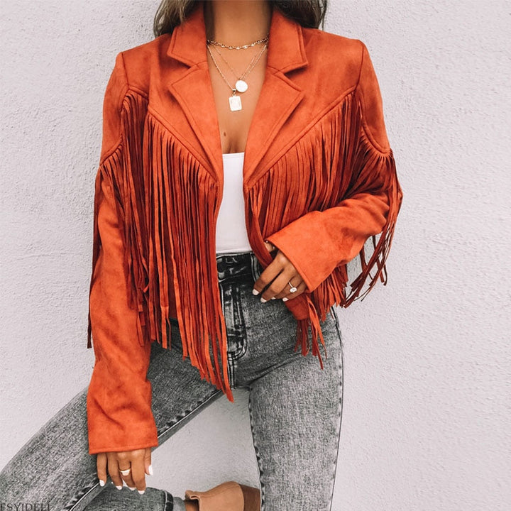 Drune | Slim Fit Boho Suedette Jacke mit Quasten für Damen