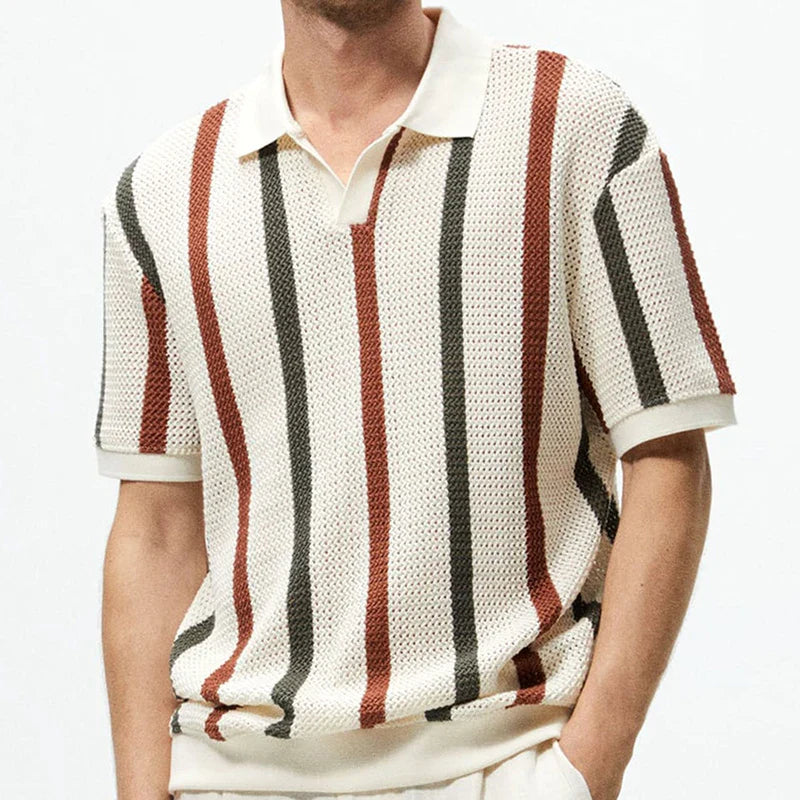 Drune | Gestreiftes Offen Strick Poloshirt Für Herren
