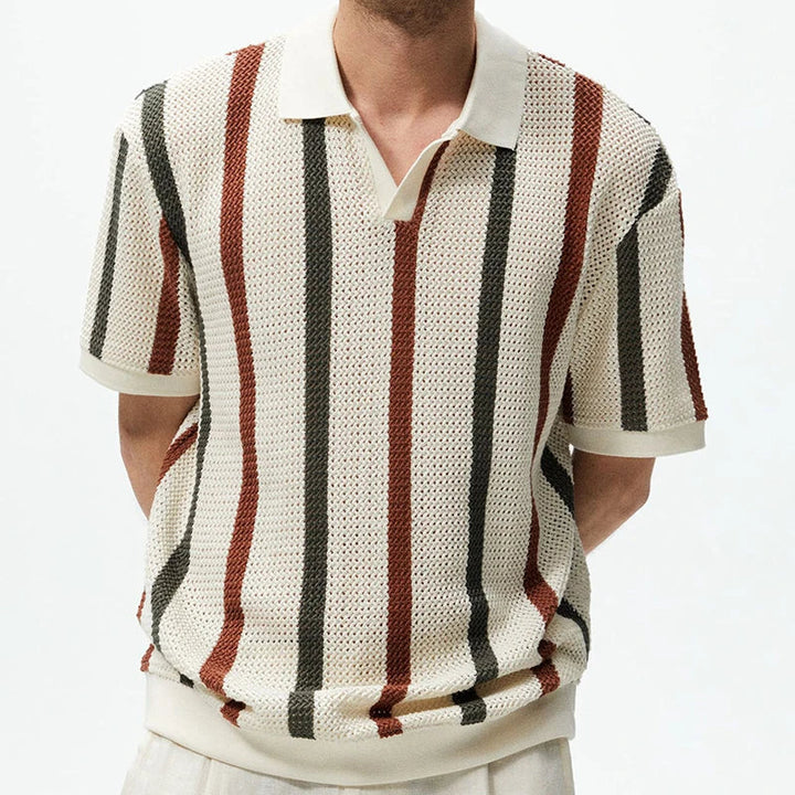 Drune | Gestreiftes Offen Strick Poloshirt Für Herren
