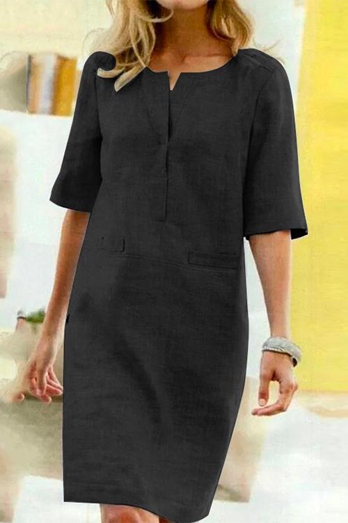 Drune | Gerade Leinen- und Baumwollkleid mit halben Ärmeln