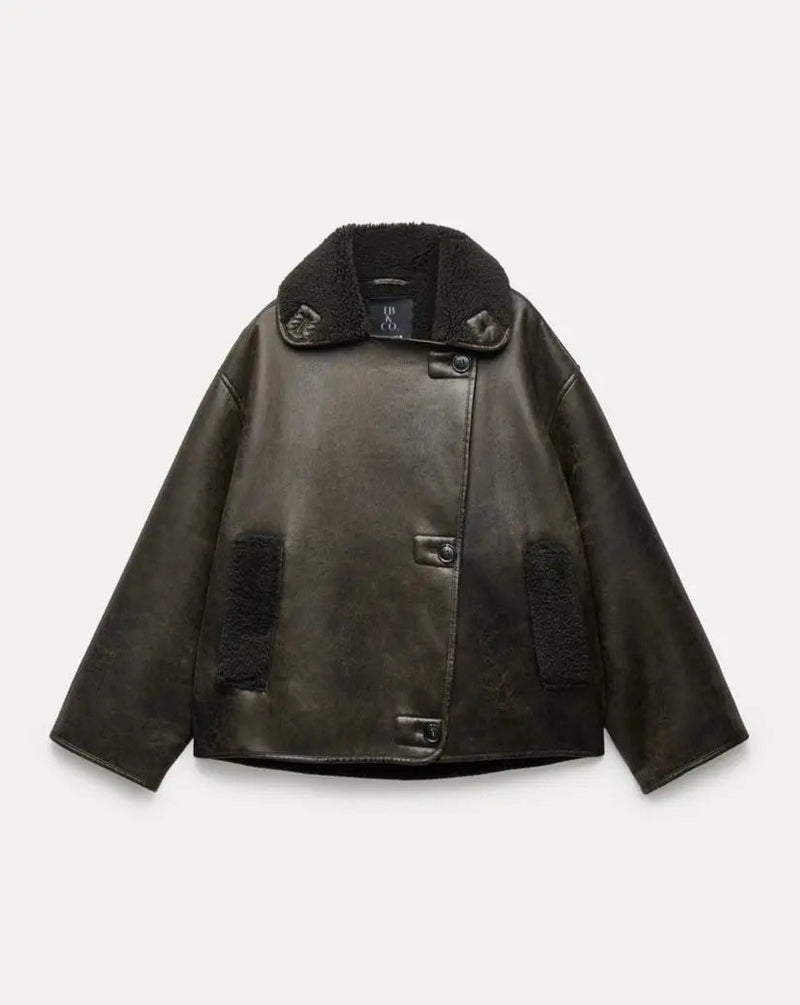 Drune | Übergröße Lammfell Aviator Jacke Weiter Kragen mit Umschlägen