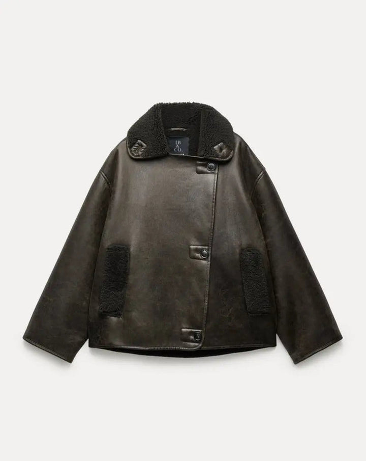 Drune | Übergröße Lammfell Aviator Jacke Weiter Kragen mit Umschlägen