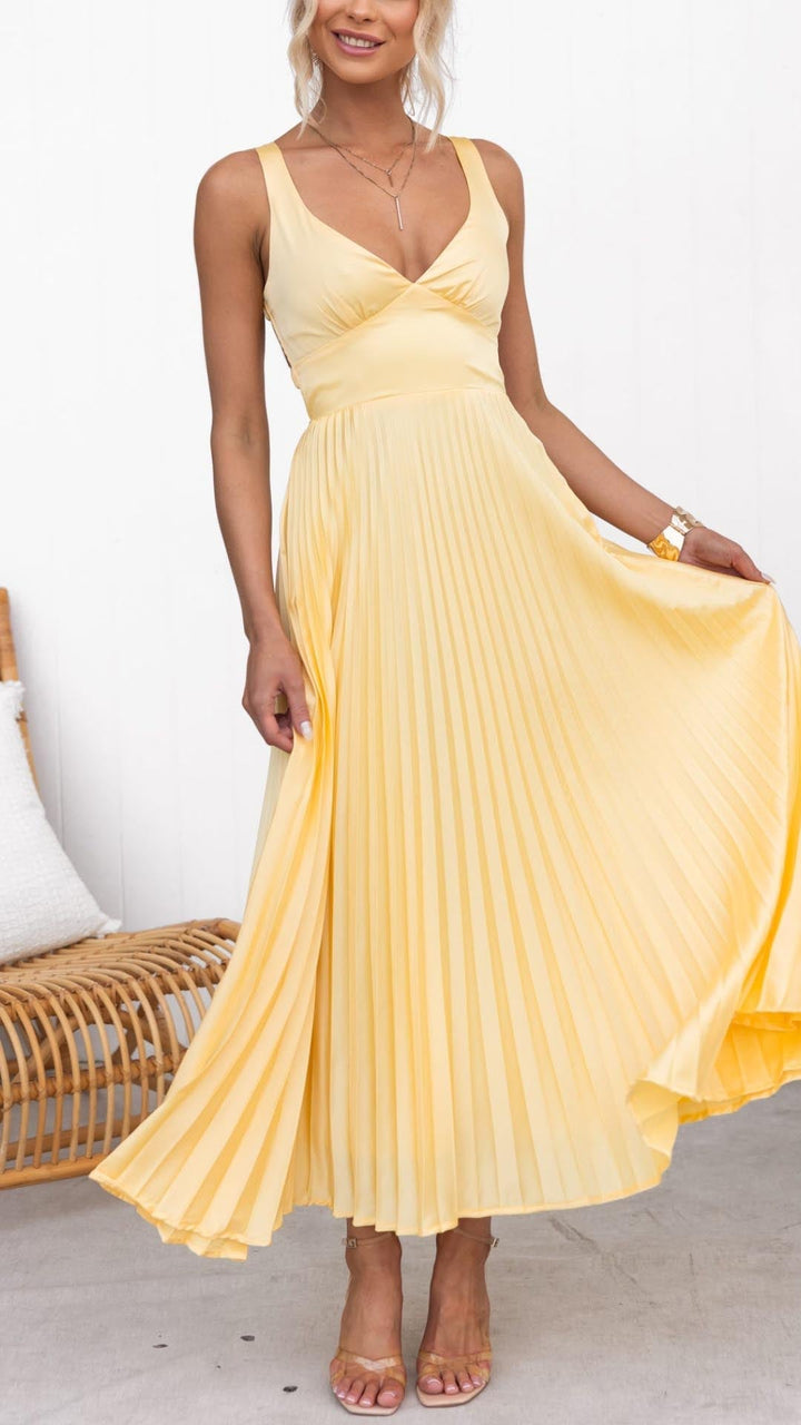 Drune | Gelb Plissiertes V-Ausschnitt Maxi Kleid