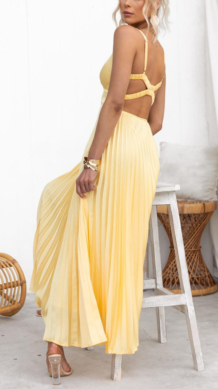 Drune | Gelb Plissiertes V-Ausschnitt Maxi Kleid