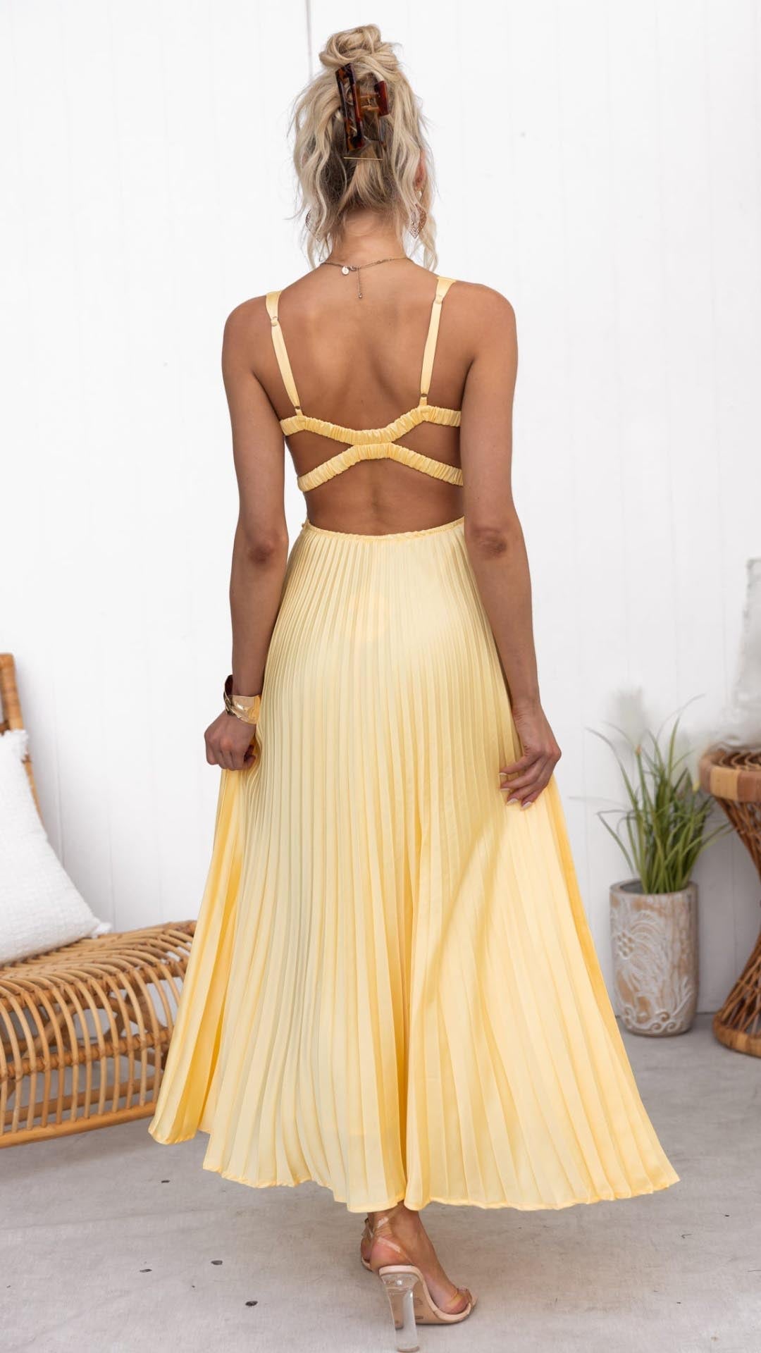 Drune | Gelb Plissiertes V-Ausschnitt Maxi Kleid