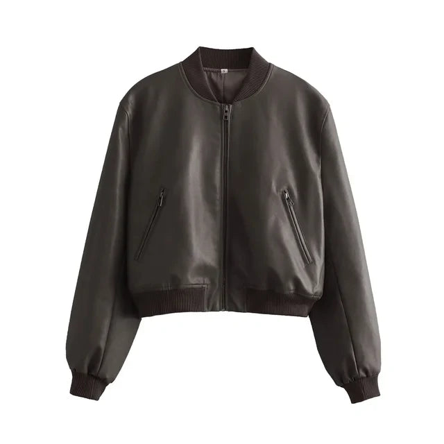 Drune - Vintage PU-Leder Bomberjacke für Damen mit Stehkragen und Frontreißverschluss