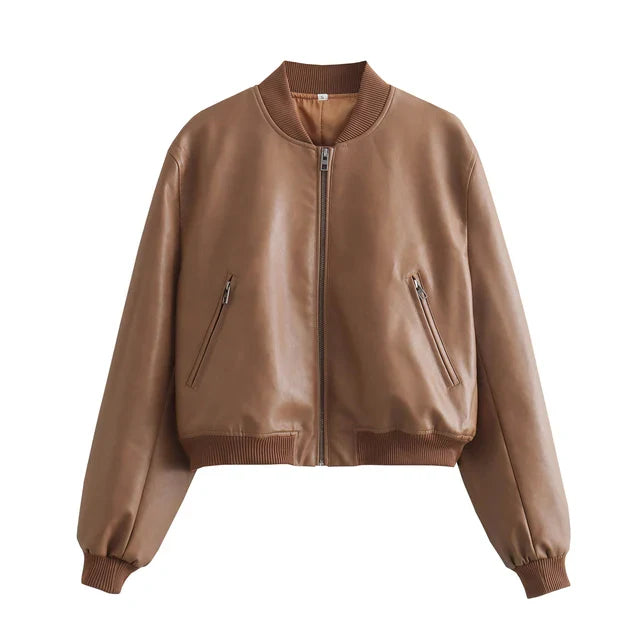 Drune - Vintage PU-Leder Bomberjacke für Damen mit Stehkragen und Frontreißverschluss