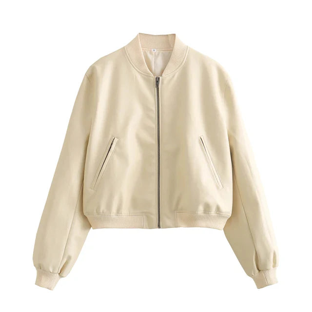 Drune - Vintage PU-Leder Bomberjacke für Damen mit Stehkragen und Frontreißverschluss
