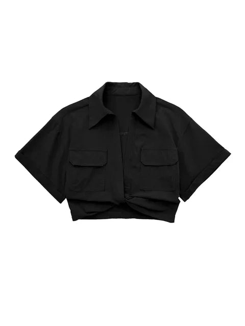 Drune | Damen Vintage Kurzarm Leinen Crop Shirt