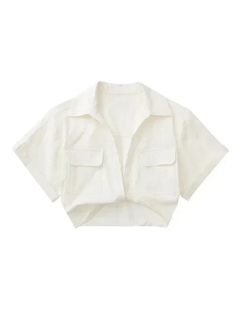 Drune | Damen Vintage Kurzarm Leinen Crop Shirt