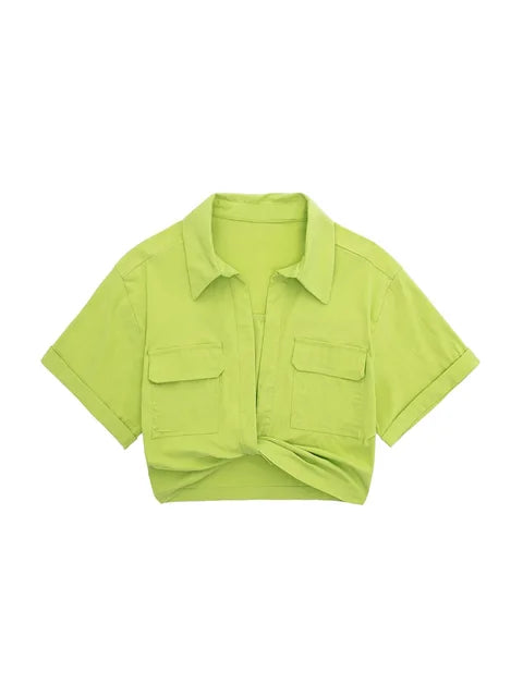 Drune | Damen Vintage Kurzarm Leinen Crop Shirt