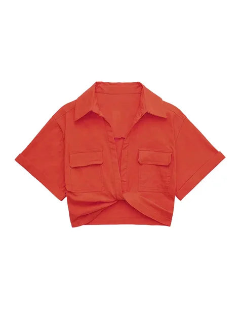 Drune | Damen Vintage Kurzarm Leinen Crop Shirt