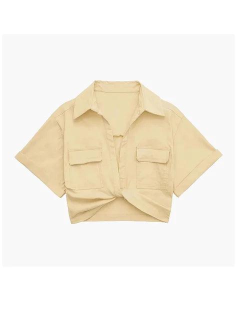 Drune | Damen Vintage Kurzarm Leinen Crop Shirt