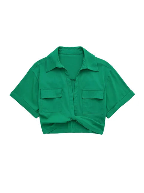 Drune | Damen Vintage Kurzarm Leinen Crop Shirt