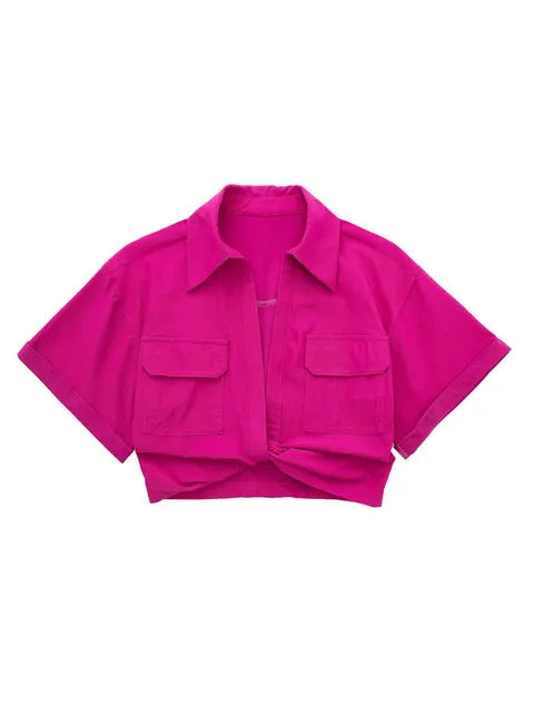 Drune - Damen Vintage Kurzarm Leinen Crop Shirt