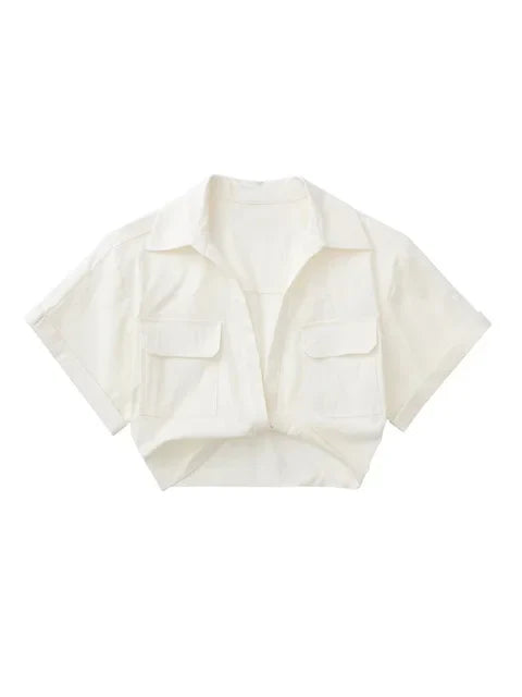 Drune - Damen Vintage Kurzarm Leinen Crop Shirt