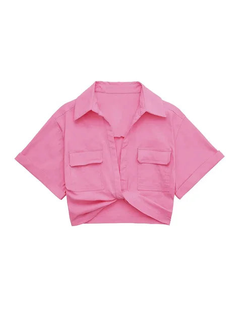Drune - Damen Vintage Kurzarm Leinen Crop Shirt