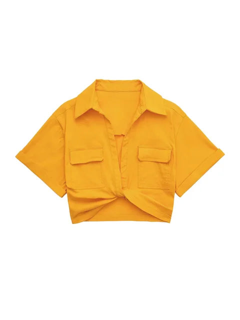 Drune | Damen Vintage Kurzarm Leinen Crop Shirt