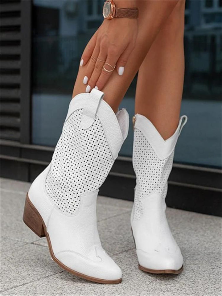 Drune | Cowboy-Stiefel Stilvolle Damenstiefel mit Perforationen und Blockabsatz