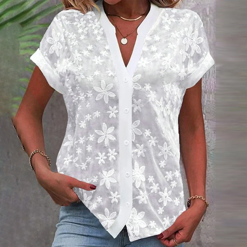 Drune | Kurzärmlige Blumenbluse mit V-Ausschnitt