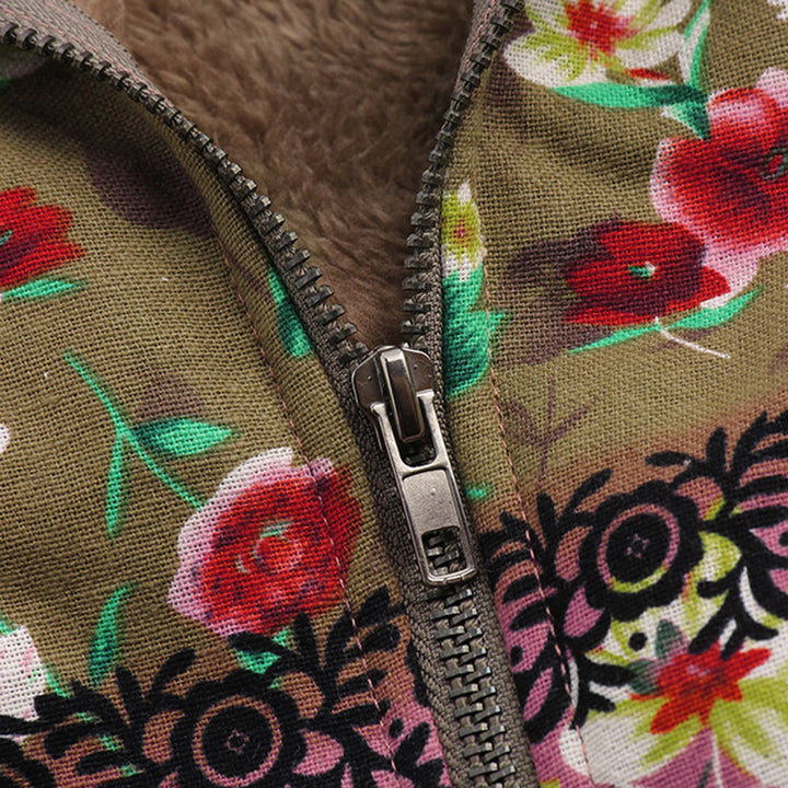 Drune | Blumen Reißverschluss Jacke mit Kapuze Damenjacke