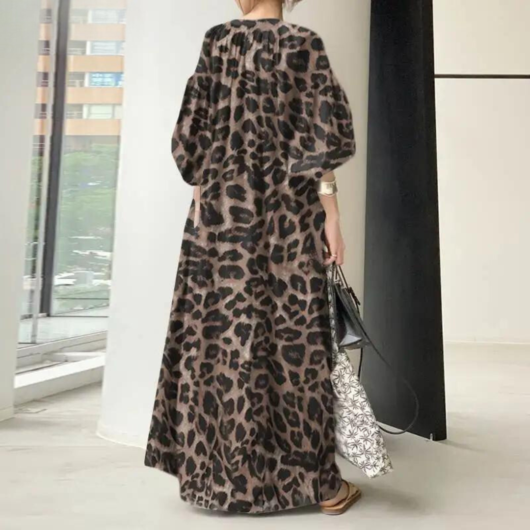 Drune Leopardenkleid | Stilvolles, sommerliches, bedrucktes, oversized Maxikleid mit langen Ärmeln