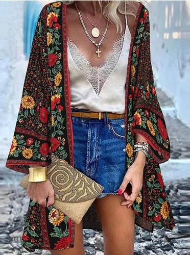 Drune | Sommerlicher Damen Strickjacke Im Boho Stil Mit Buntem Blumenmuster