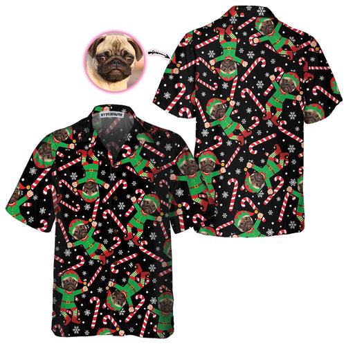 Drune | Das Pug Elf maßgeschneiderte Hawaiian-Shirt, lustiges Pug-Weihnachtshemd für Männer & Frauen, personalisiertes Weihnachtsgeschenk