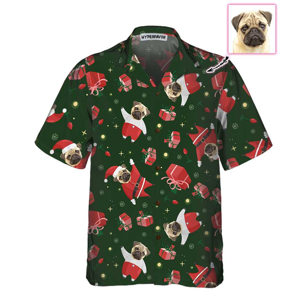 Drune | Das Pug Santa Custom Hawaiian Shirt, Pug Weihnachtsshirt für Männer & Frauen, Personalisierte Weihnachtsgeschenkidee