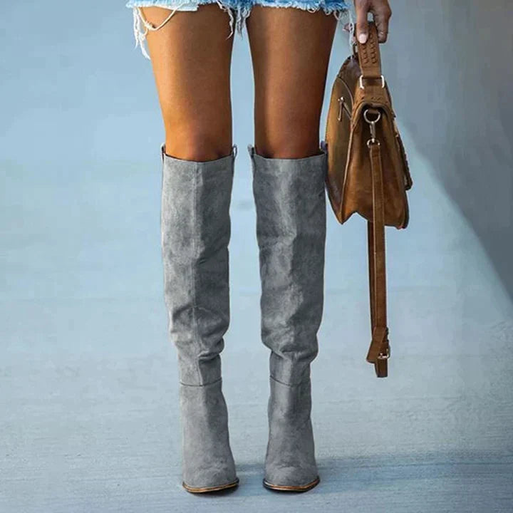 Drune | Trendy Damen Graue Blockabsatzstiefel – Urban Western Stil, Bequeme Kunstwildleder