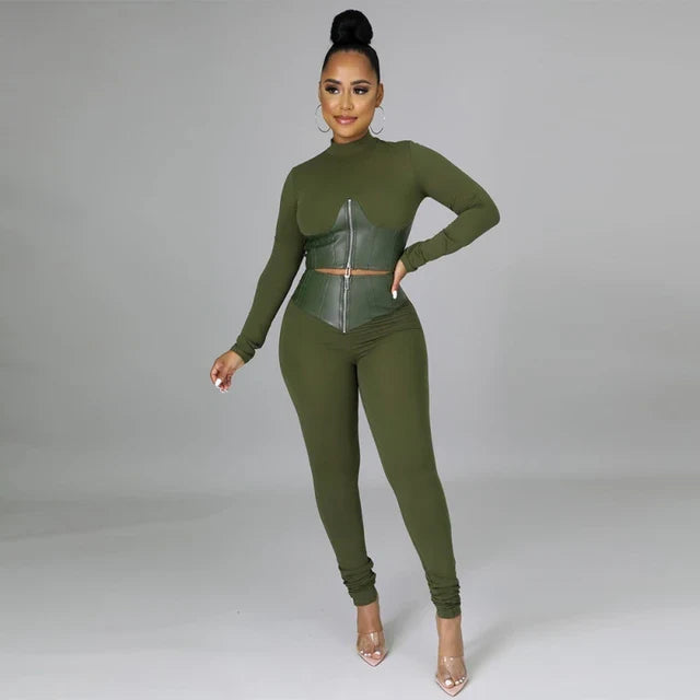 Drune | Zweiteiliges Set mit Kurzem Kunstleder-Korsett und High-Waist-Hose