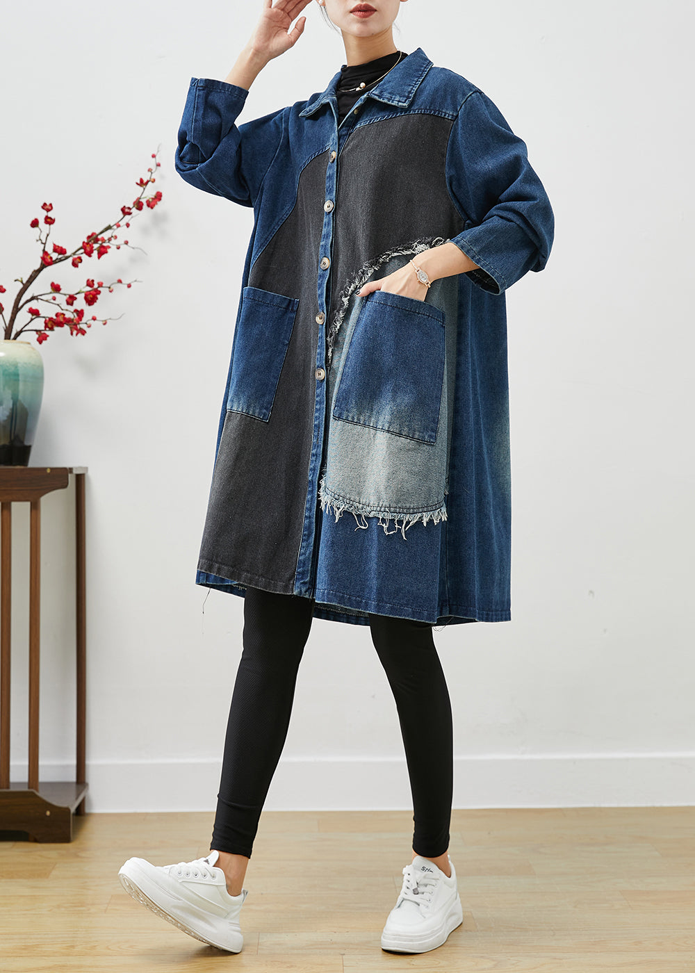 Drune | Blaue asymmetrische Patchwork-Denim-Trenchcoats