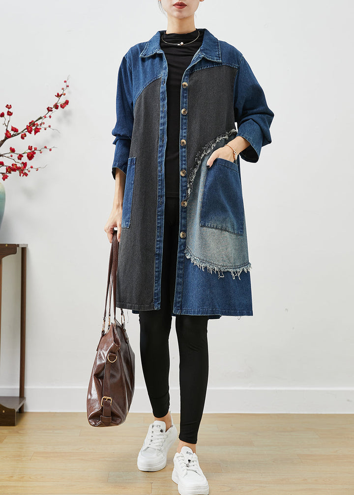 Drune | Blaue asymmetrische Patchwork-Denim-Trenchcoats