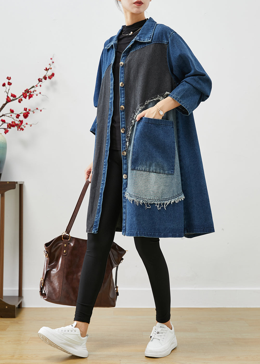 Drune | Blaue asymmetrische Patchwork-Denim-Trenchcoats
