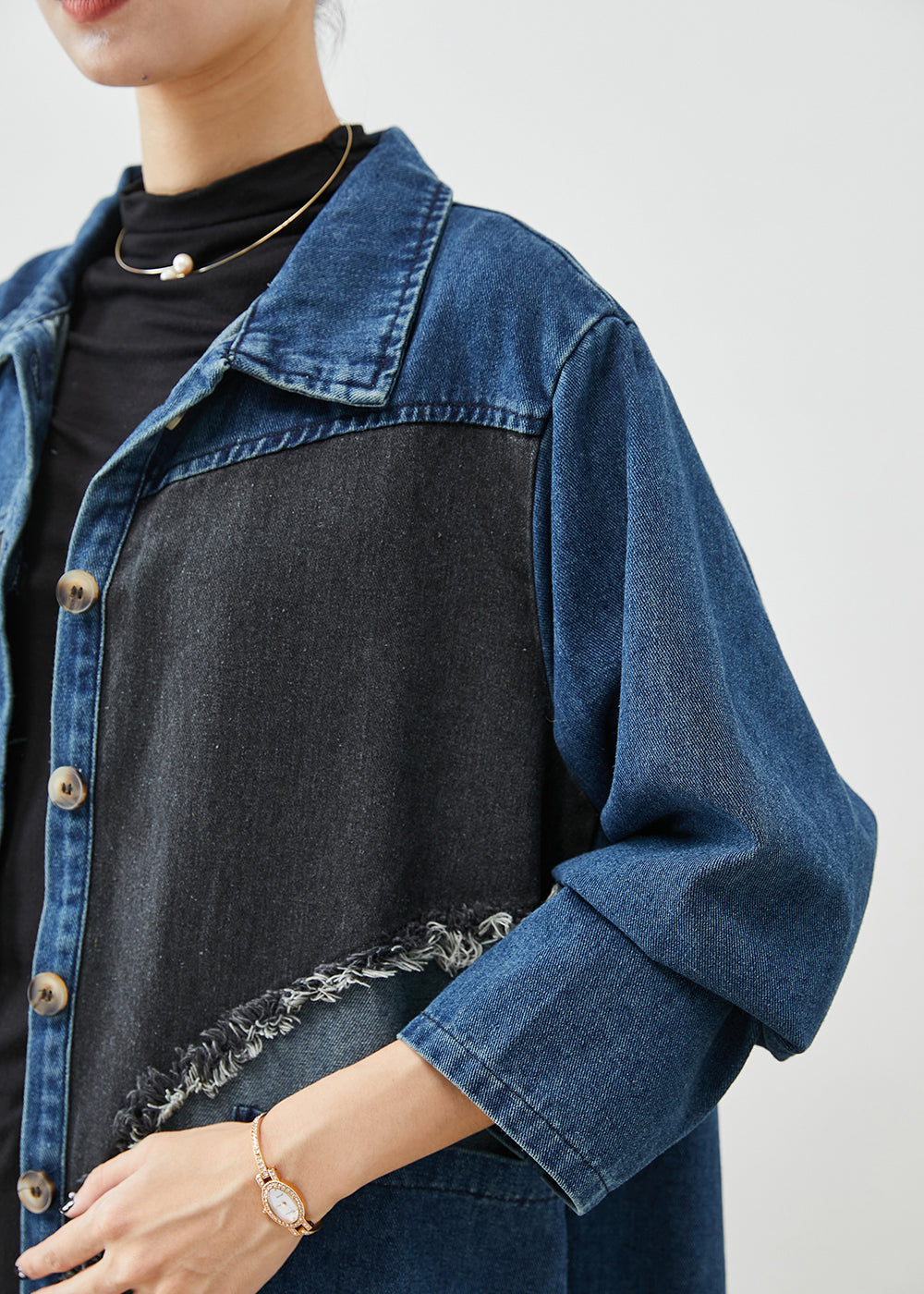 Drune | Blaue asymmetrische Patchwork-Denim-Trenchcoats