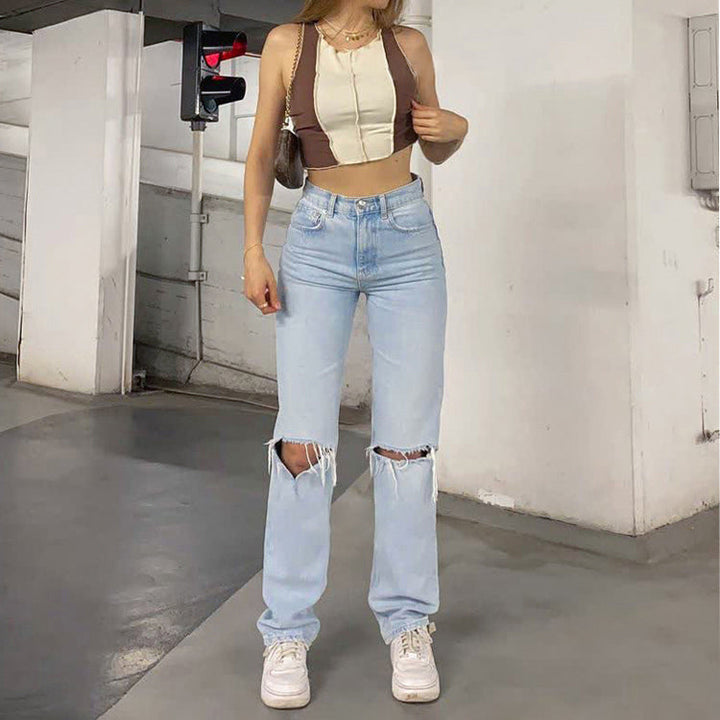 Drune | Damen Jeanshose mit Lockerer Passform Zerrissen Weites Bein Hohe Taille Lassige Baggy Jean