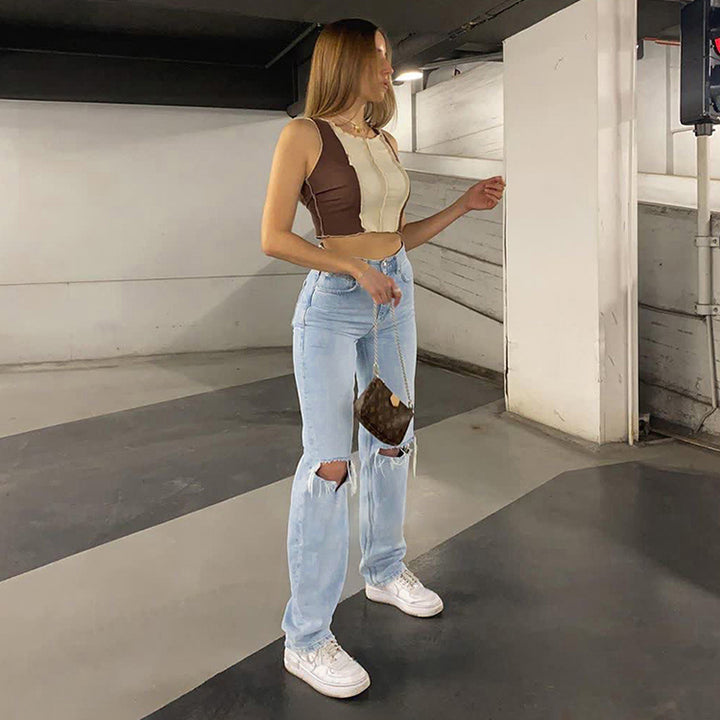 WOLFF Damen Jeanshose Mit Lockerer Passform Zerrissen Weites Bein Hohe Taille Lassige Baggy Jean