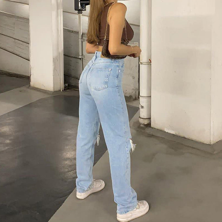 Drune | Damen Jeanshose mit Lockerer Passform Zerrissen Weites Bein Hohe Taille Lassige Baggy Jean