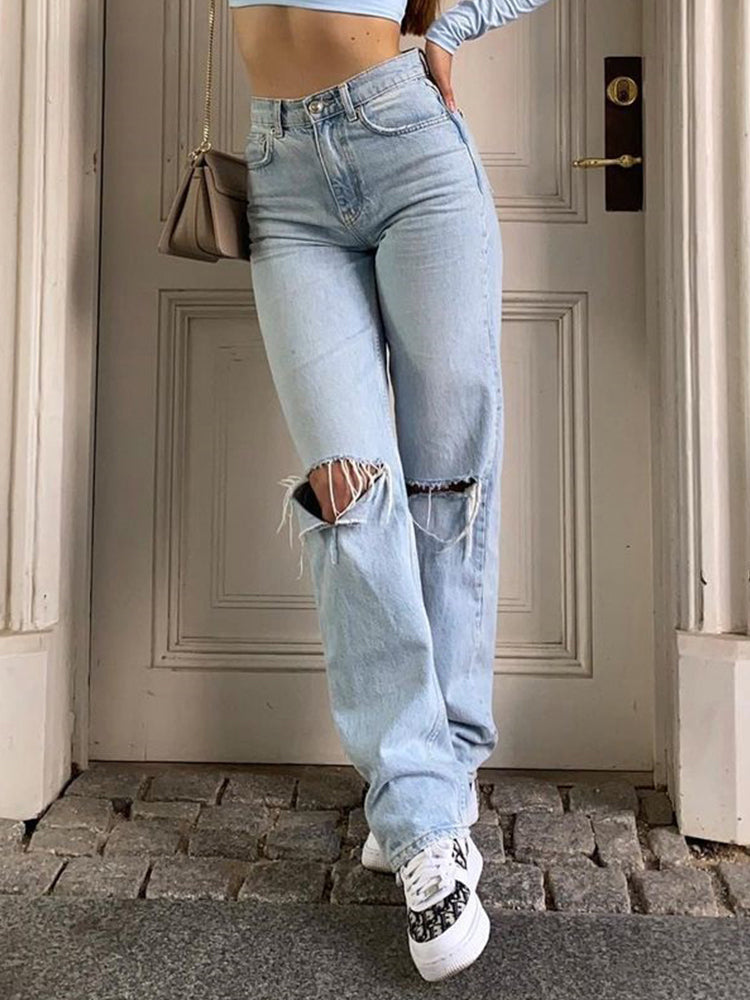 Drune | Damen Jeanshose mit Lockerer Passform Zerrissen Weites Bein Hohe Taille Lassige Baggy Jean