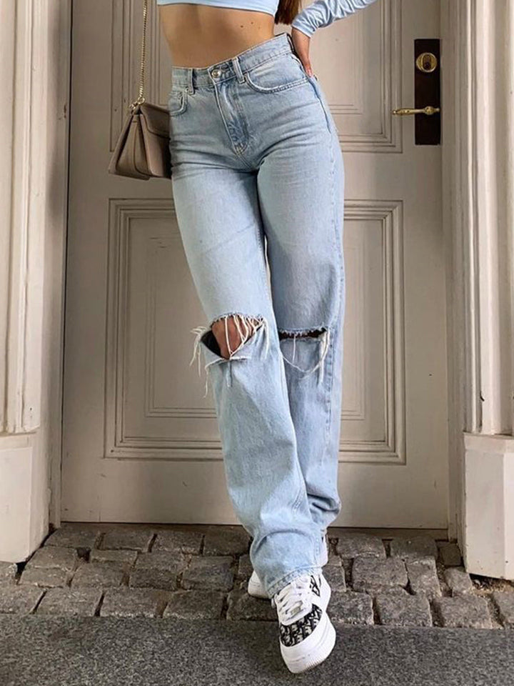Drune | Damen Jeanshose mit Lockerer Passform Zerrissen Weites Bein Hohe Taille Lassige Baggy Jean
