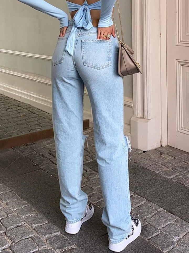 Drune | Damen Jeanshose mit Lockerer Passform Zerrissen Weites Bein Hohe Taille Lassige Baggy Jean