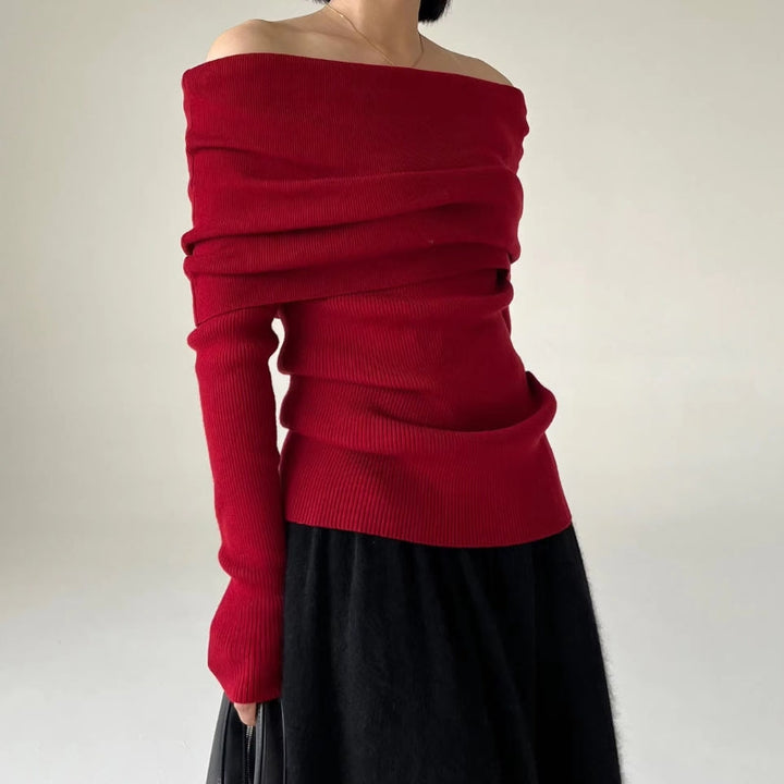 Drune | Off-Shoulder Strickpullover - Gerippter Strick - Enganliegendes und Elegantes Design