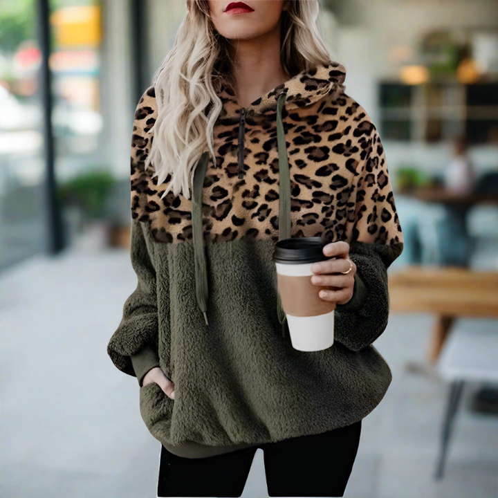 Drune – Lässiger, einfarbiger Plüsch-Hoodie mit Tasche und Leopardenmuster